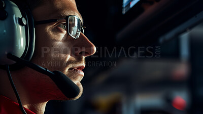 Buy stock photo Motor race track supervisor with headphones. Professional safety information manager