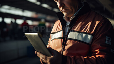 Motor race track supervisor with iPad. Professional logistics information manager