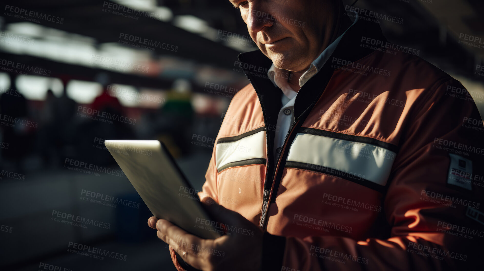 Buy stock photo Motor race track supervisor with iPad. Professional logistics information manager