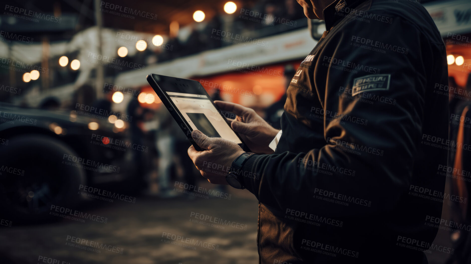 Buy stock photo Motor race track supervisor with iPad. Professional logistics information manager