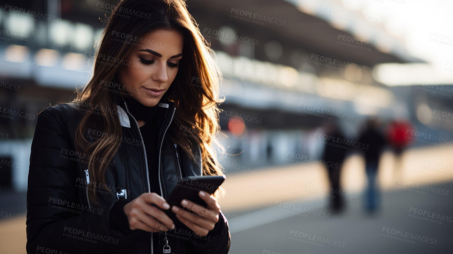 Buy stock photo Motor race track supervisor with phone. Professional logistics information manager