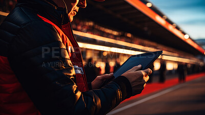 Motor race track supervisor with iPad. Professional logistics information manager