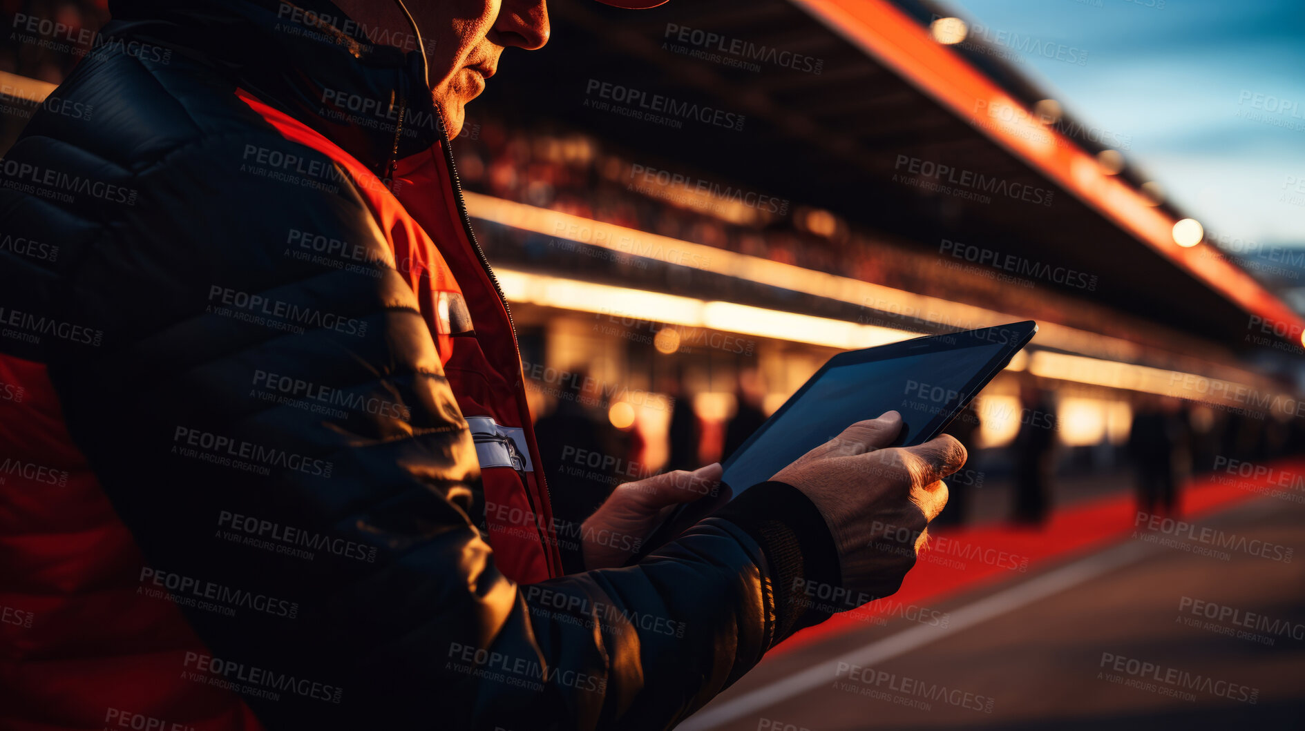 Buy stock photo Motor race track supervisor with iPad. Professional logistics information manager