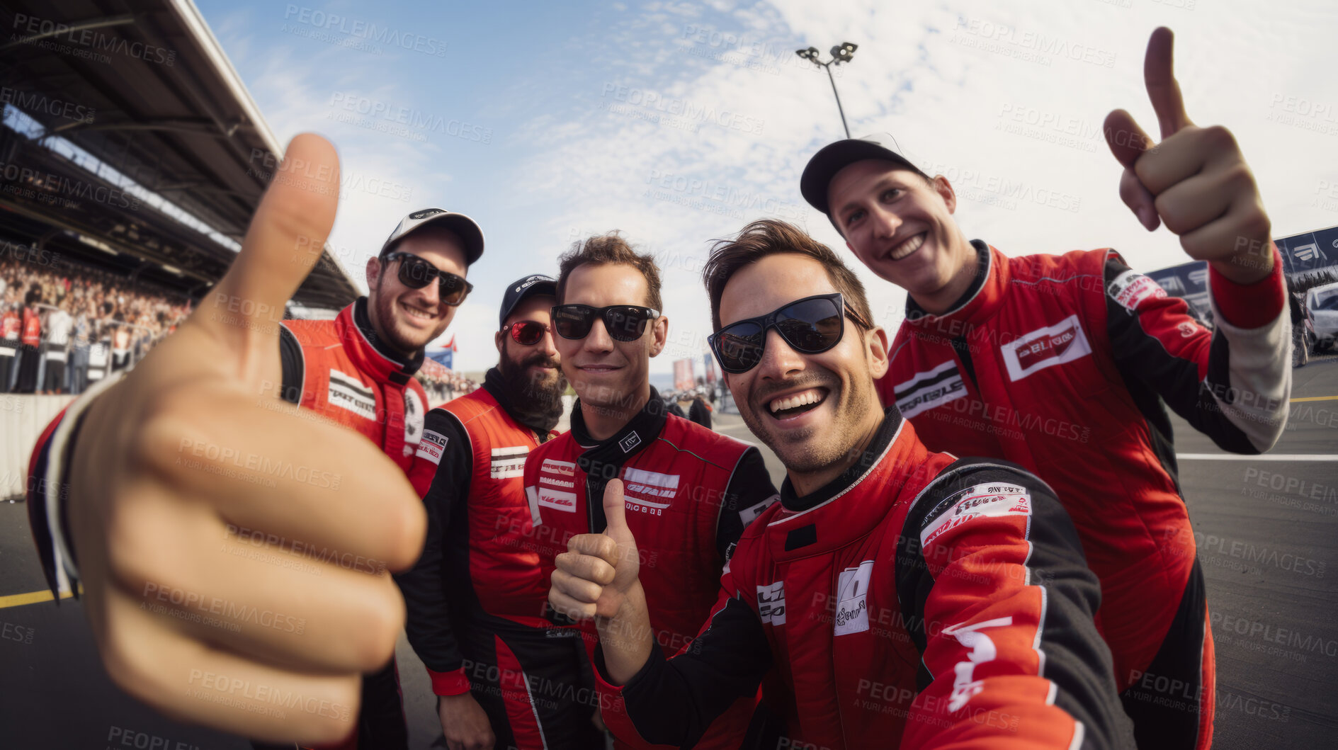 Buy stock photo Motorsports championship. Cheering team celebrates winning tournament.