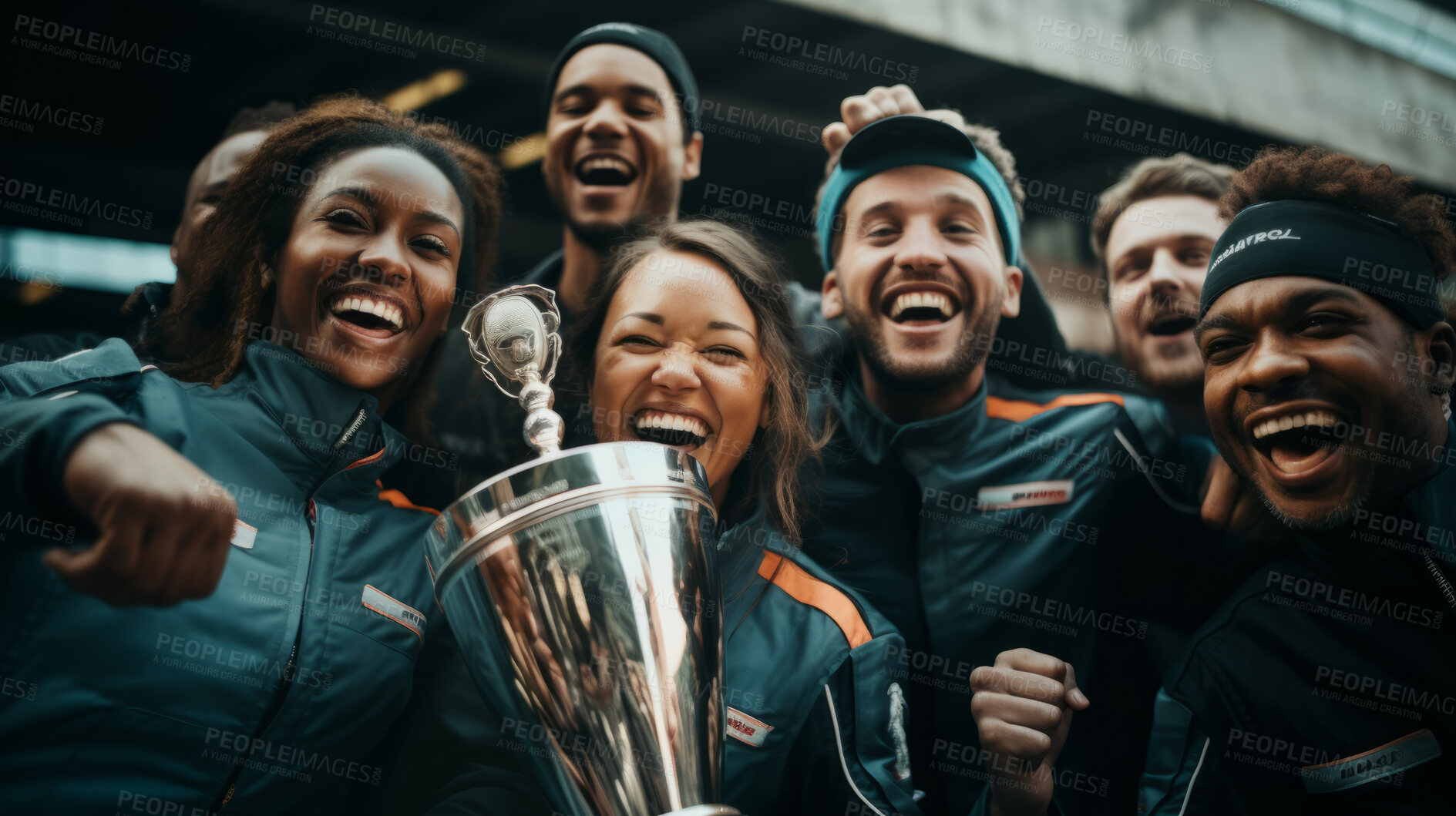 Buy stock photo Motorsports championship. Cheering team celebrates winning tournament.