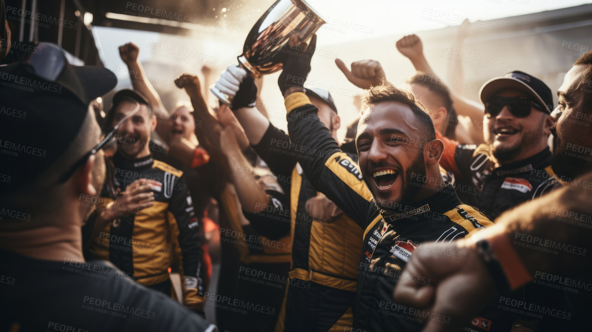 Buy stock photo Motorsports championship. Cheering team celebrates winning tournament.