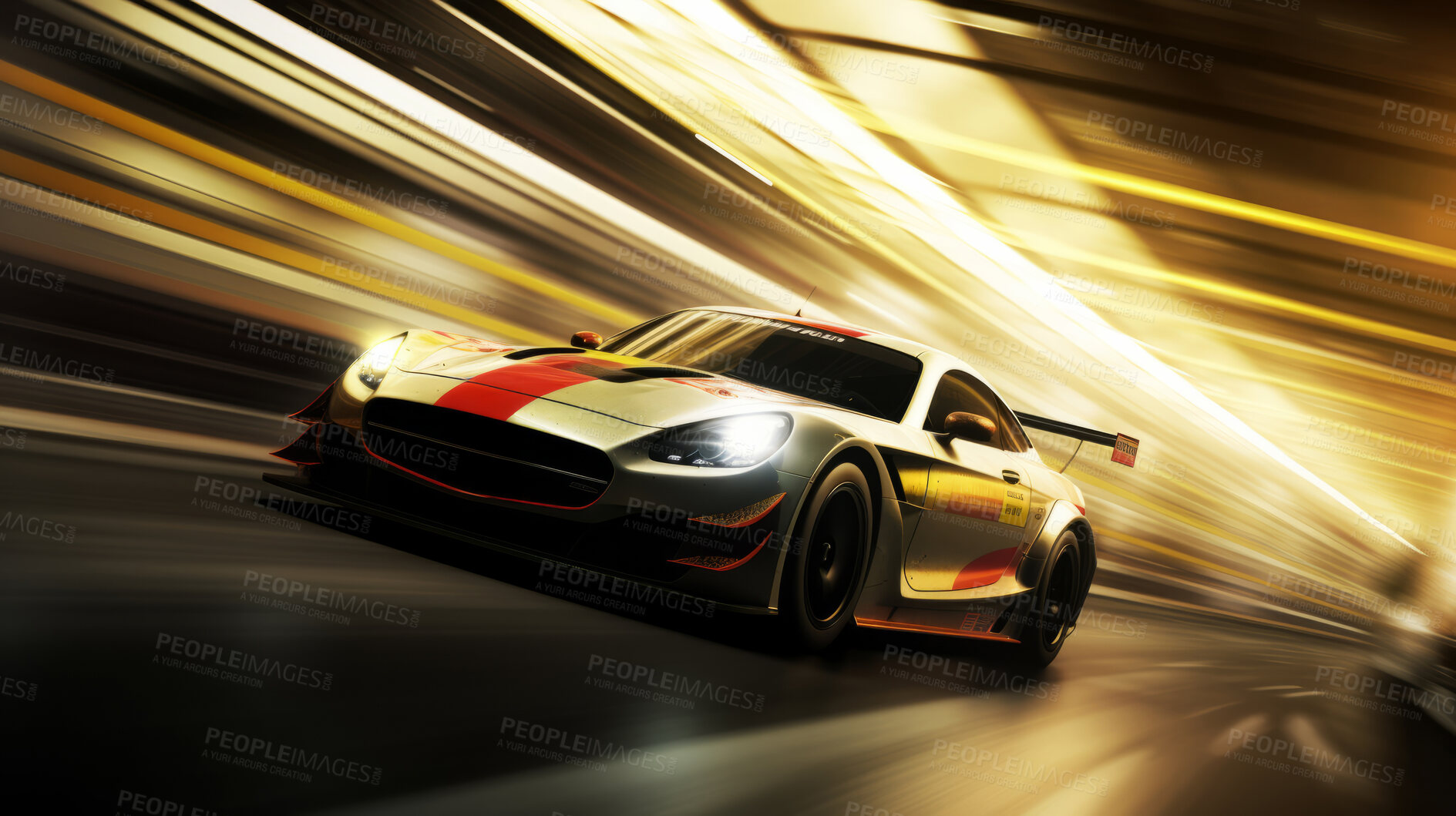 Buy stock photo Fast car on race track. Accelerating high performance car in motorsport championship