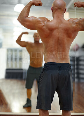 Buy stock photo Rearview shot of a male bodybuilder flexing his muscles at the gym in front of the mirror