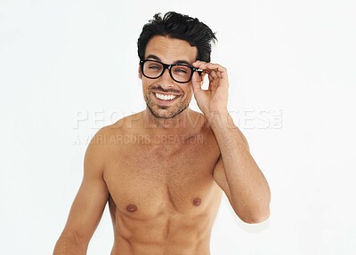 Buy stock photo Portrait of bare-chested man wearing retro glasses isolated on white