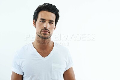 Buy stock photo Shot of handsome man wearing a white t-shirt