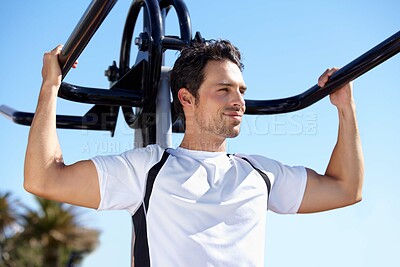 Buy stock photo Happy man, fitness and arm equipment at park gym for exercise, shoulder press or training in the nature outdoors. Fit, active or strong male exercising on workout machine for weightlifting strength