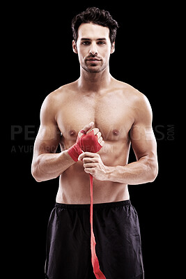 Buy stock photo Man, fitness and boxing with portrait in studio for competition with champion at the gym. Boxer, body and professional with model at sports club for exercise and wellness for strong athlete.