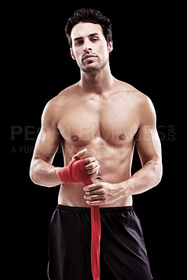 Buy stock photo Boxer, serious and portrait studio man training for exercise on black background at the gym. Boxing, model and fight in champion sport for body workout for health and wellness as motivation.