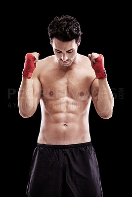 Buy stock photo Man, shirtless and fists in boxer bandage or focus, thinking and ready for boxing fight in isolated studio black background. Athlete, martial arts and healthy fitness, strong fighter and sports
