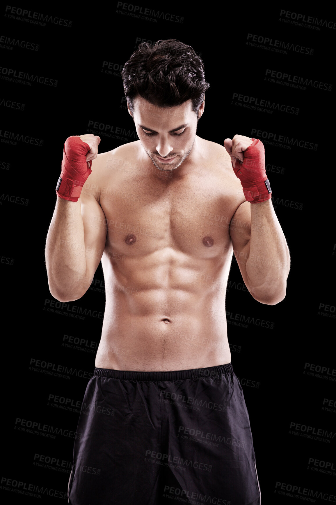 Buy stock photo Man, shirtless and fists in boxer bandage or focus, thinking and ready for boxing fight in isolated studio black background. Athlete, martial arts and healthy fitness, strong fighter and sports