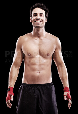 Buy stock photo Boxer, body and portrait on black background in studio with professional training at the gym. Man, model and boxing champion train for fight at a competition during a workout for fitness and muscle. 