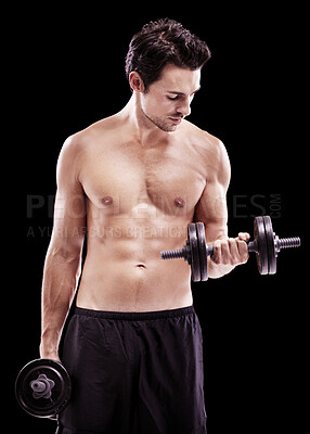 Buy stock photo Strong, man and dumbbell exercise on black background, dark studio and gym workout for sexy six pack. Topless bodybuilder, sports athlete and muscle training with weights, fitness power and challenge