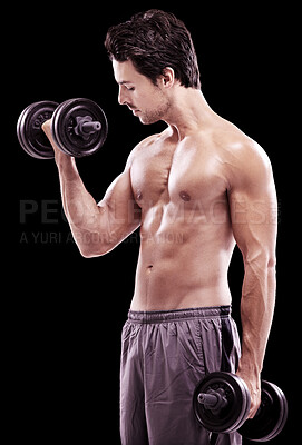 Buy stock photo Strong man, dumbbell and workout on black background, dark studio and energy for sexy six pack abs. Bodybuilder, sports athlete and curling biceps with weights for fitness, exercise and muscle growth