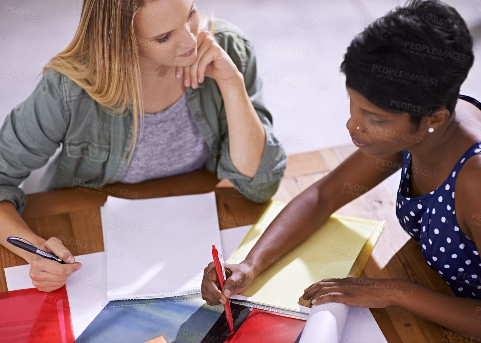 Buy stock photo Women in strategy meeting at fashion magazine agency, conference room and collaboration. Diversity, top view and creative team of female employees working together, editorial ideas and brainstorming