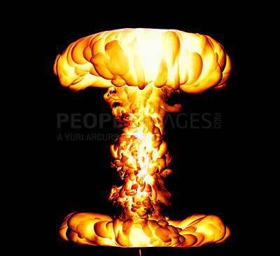 Buy stock photo Burst of burning fire flames against black background with dark copyspace. Explosive highly flammable warning of a wildfire spreading causing damage and disaster. Massive atomic bomb exploding attack