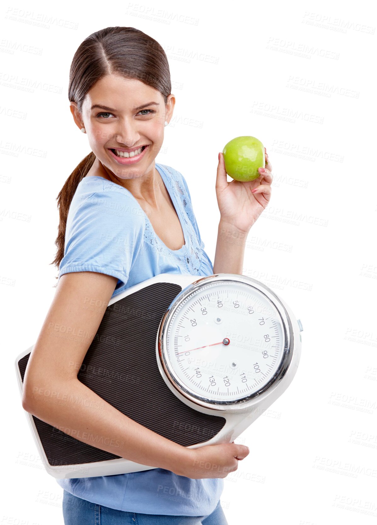 Buy stock photo Apple, scale and diet of woman in studio isolated on white background for health, lose weight and portrait. Green fruit, body goals and model smile for her detox results, food commitment and wellness