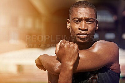 Buy stock photo Fitness, portrait and man stretching arms outdoor for running, workout and training on blurred background. Face, stretch and African male runner with serious, focus and mindset, training and warm up