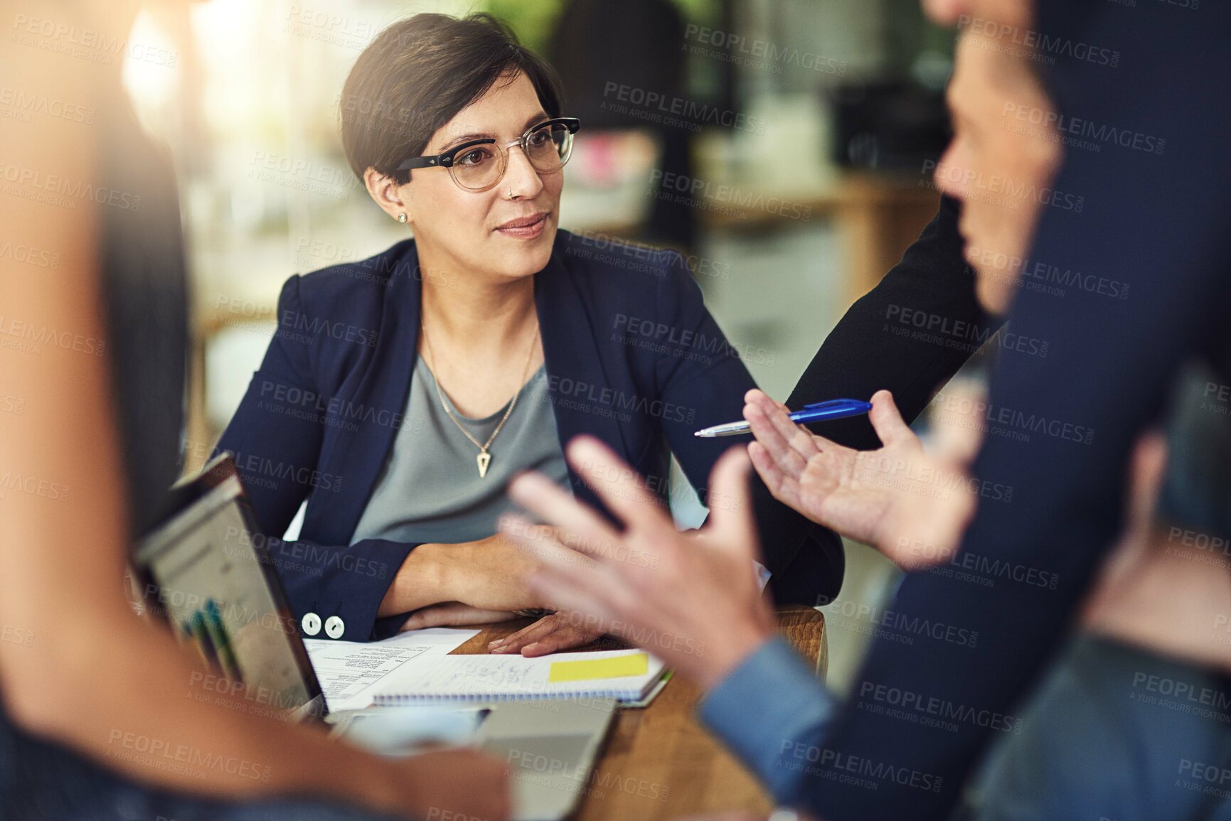 Buy stock photo Woman, group and staff in a meeting, brainstorming and budget planning for growth, finance and investment. Female person, coworkers or team with profit growth, boardroom or trading with collaboration