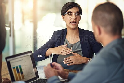 Buy stock photo Computer screen, graphs and business woman for data analysis meeting, financial report or b2b advice for revenue. Increase, accounting stats or finance sales of accountant people or clients on laptop