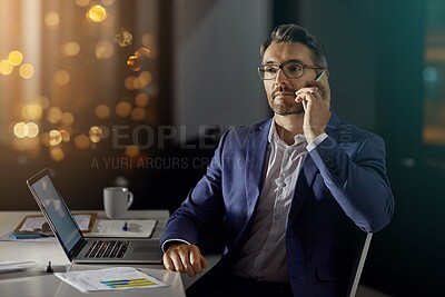 Buy stock photo Phone call communication, office and night businessman talking, networking or chat about financial portfolio documents. Conversation, investment discussion or bokeh employee, worker or agent speaking