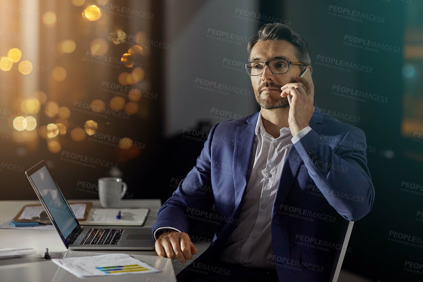 Buy stock photo Phone call communication, office and night businessman talking, networking or chat about financial portfolio documents. Conversation, investment discussion or bokeh employee, worker or agent speaking