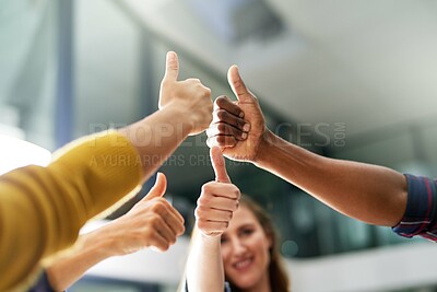 Buy stock photo Team, hands and thumbs up by business people in office with yes, sign and winning gesture. Like, emoji and person group with success, agreement and thank you icon while celebrating solidarity 
