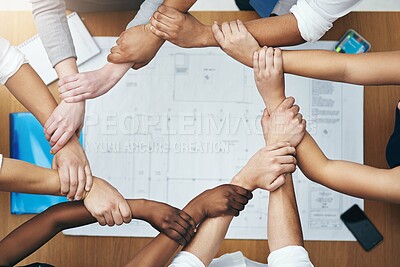 Buy stock photo Hands together, above staff and blueprint of people with collaboration and architecture project. Architect team, diversity and paperwork of partnership and teamwork group from above with support