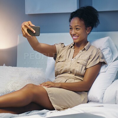 Buy stock photo Phone, selfie and woman in bed with smile for social media post, internet and networking. Happiness, home and female person relax in bedroom on smartphone for mobile app, website and take picture