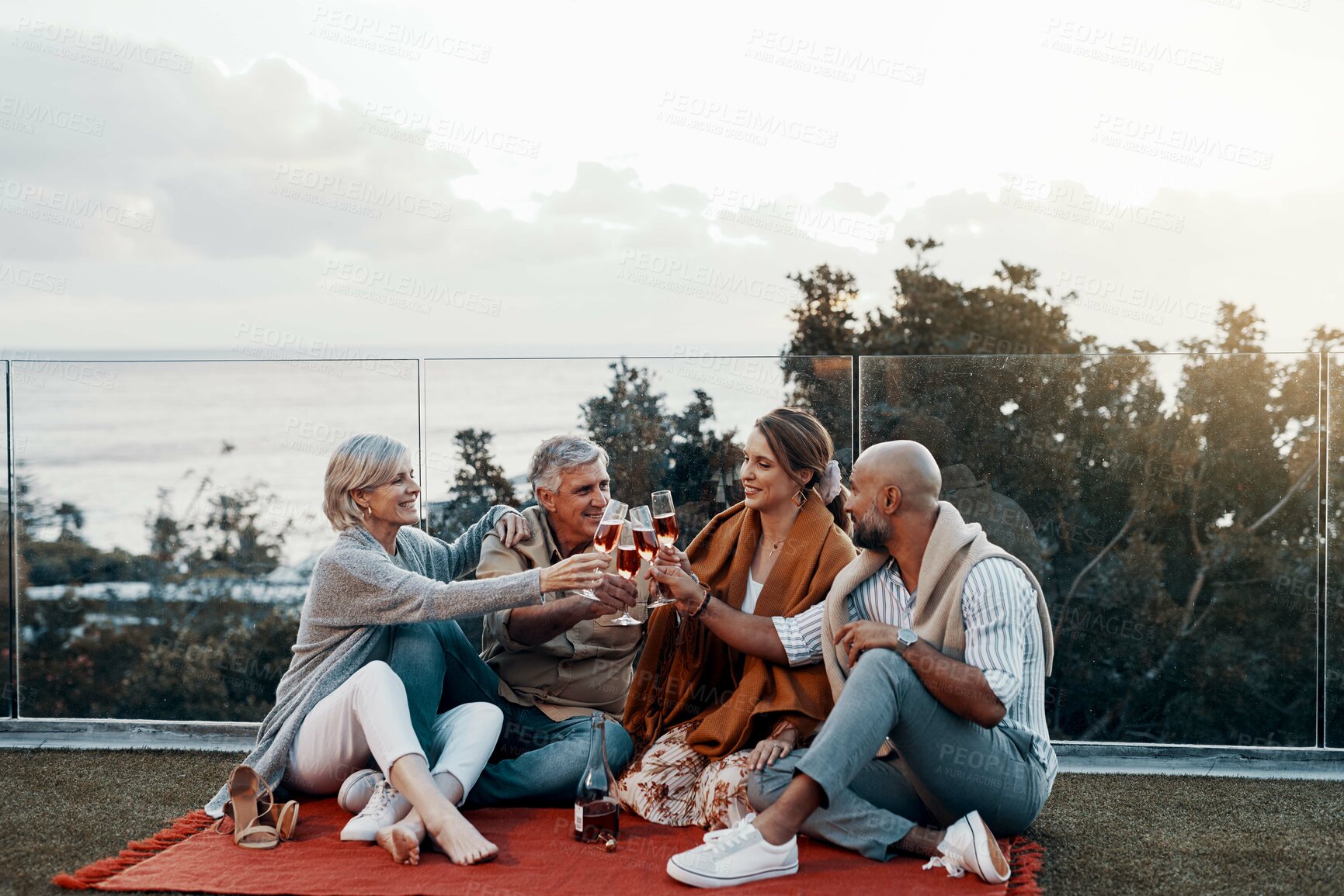 Buy stock photo Full length shot of an affectionate family making a toast with their wineglasses while celebrating a new year outdoors