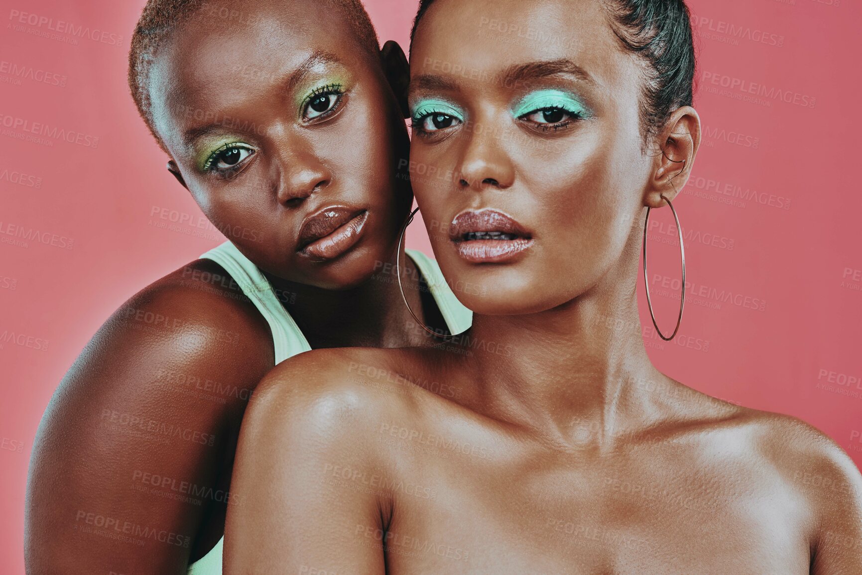 Buy stock photo Makeup art, women together and portrait in studio, beauty or cosmetic for diverse friends by background. Creative black woman, model girl and neon color for support, skin glow or futuristic aesthetic