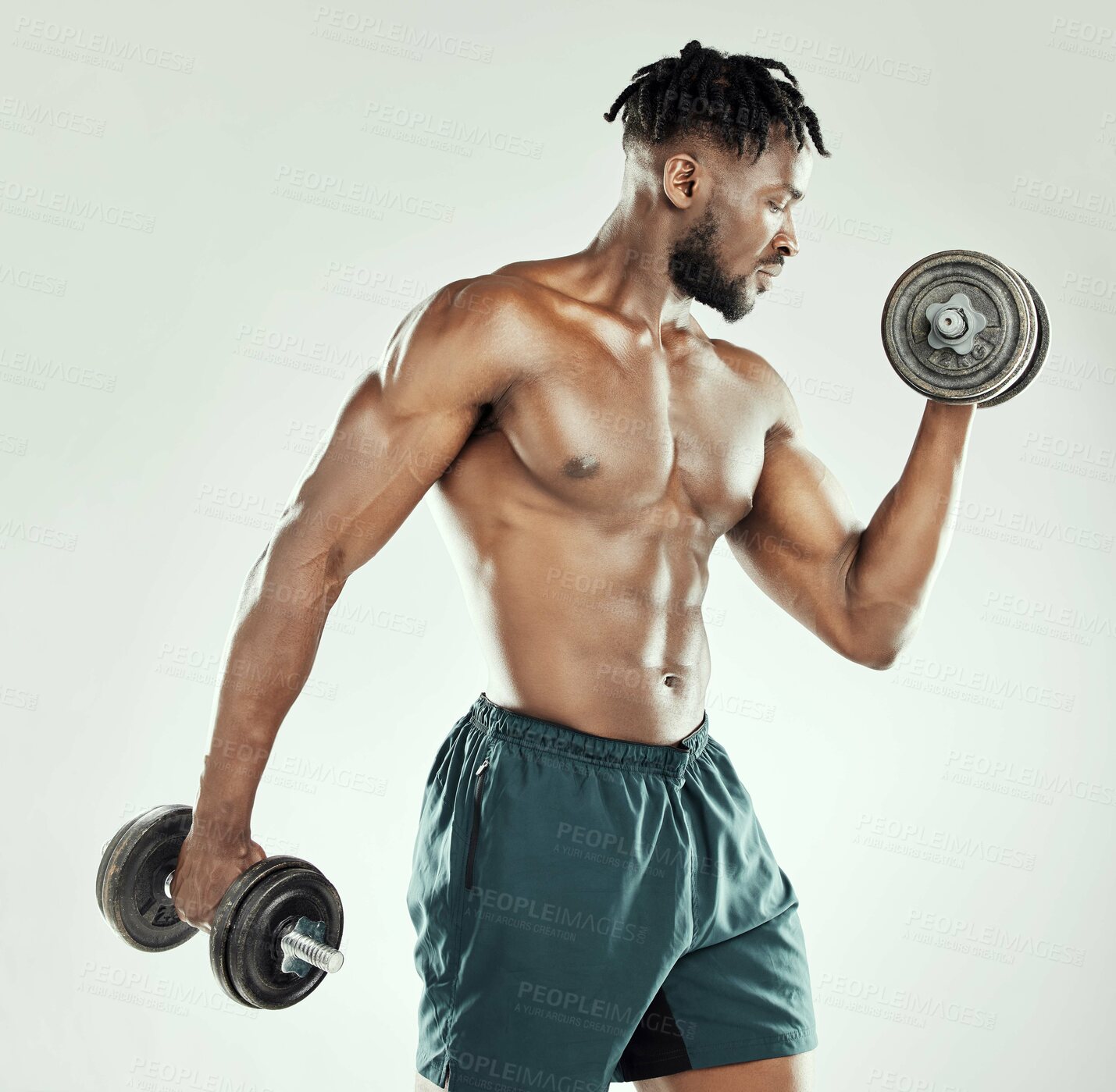 Buy stock photo Fitness, strong and black man with dumbbells, exercise and wellness against studio background. Male person, model and bodybuilder with gym equipment, workout goal and strength with health and power