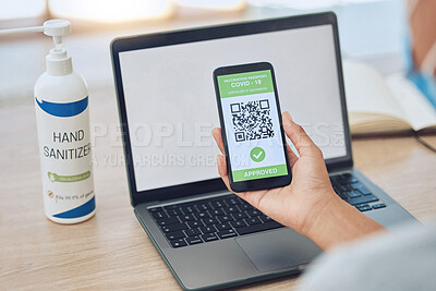 Buy stock photo Covid vaccine passport on smartphone for travel, safety or security during covid 19 virus pandemic. Laptop and phone app with digital corona health certificate qr code for international traveling man