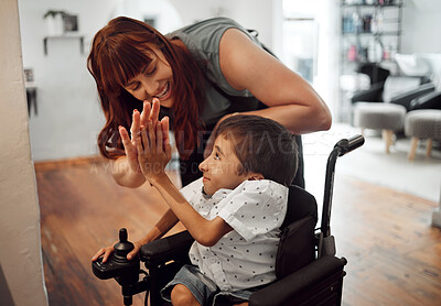 Buy stock photo Hairdresser, high five and child in hair salon happy with hair cut or hairstyle. Kid with a disability in wheelchair, stylist and success smile. Support, happiness or care for boy with cerebral palsy