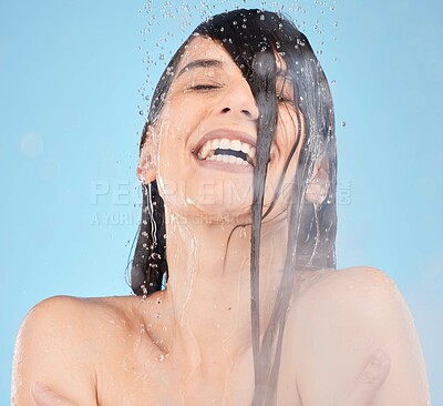 Buy stock photo Shower, face cleaning and woman with water drop for morning self care treatment, bathroom grooming routine or hair care. Facial skincare, spa salon or beauty model washing body for hygiene healthcare