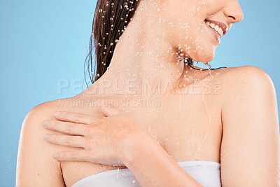 Buy stock photo Shower, shampoo and woman in studio with hair care foam, water drops and soap for beauty and cosmetics promotion or advertising. Healthy hair, glow and shine for growth with water in bathroom mockup