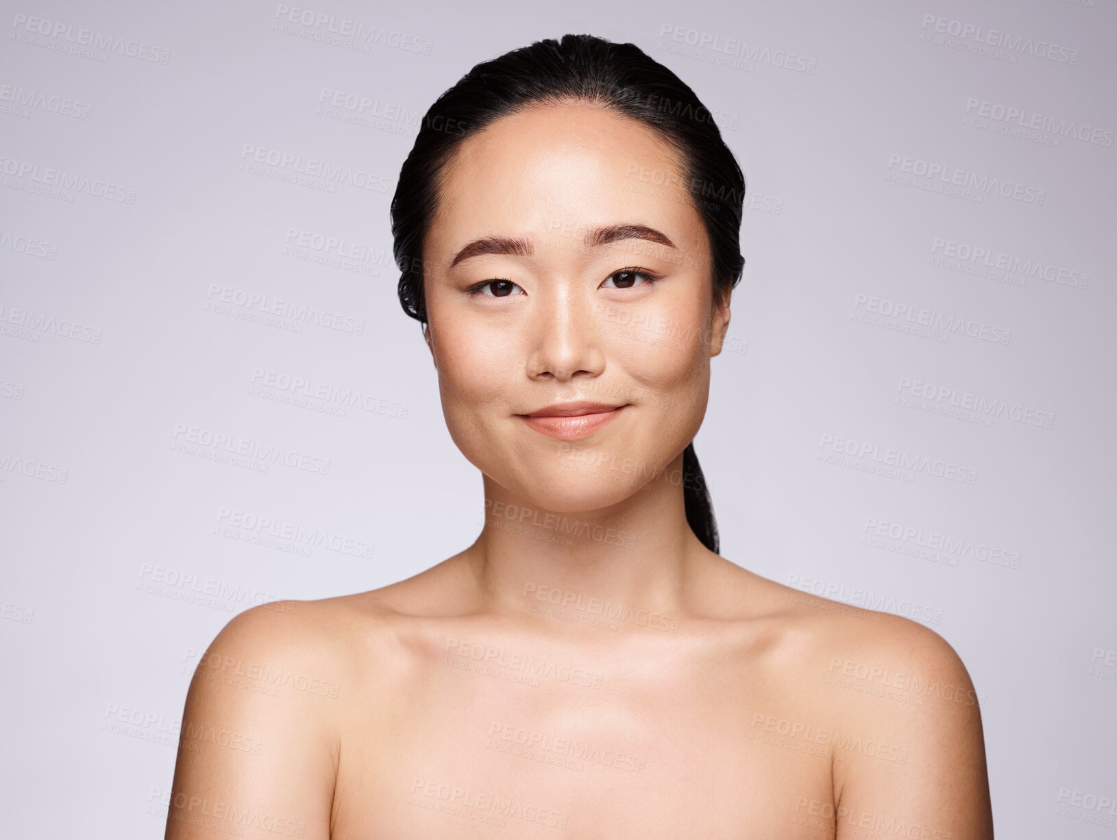 Buy stock photo Asian woman, face or skincare glow on studio background in Japanese dermatology, healthcare wellness or collagen self love. Portrait, happy or beauty model with natural makeup cosmetics or aesthetic