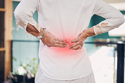 Buy stock photo Back pain, red and woman in office for medical, healthcare and muscle problem with overworked, burnout and stress. Closeup business person, worker or professional employee with spine risk in overlay