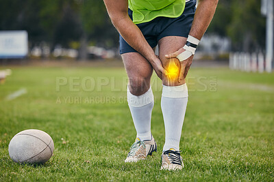Buy stock photo Rugby, pain and man with knee injury on sports field for practice match, training and game outdoors. Medical emergency, accident and athlete with x ray of joint inflammation, sprain and tendinitis