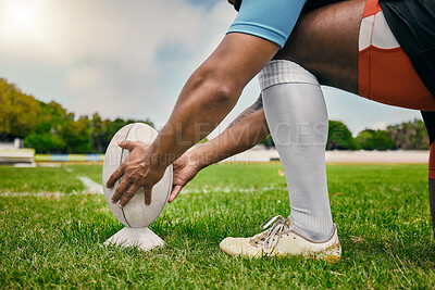 Buy stock photo Rugby, hands and man ready with ball to score goal on field at game, match or practice workout. Sports, fitness and professional player on grass, motivation, energy and skill in team sport challenge.