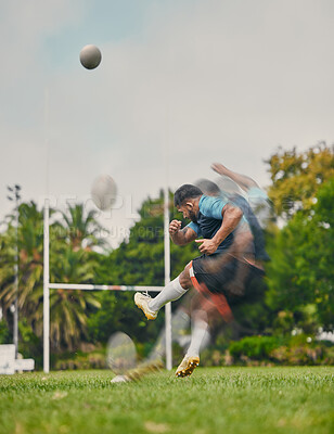Buy stock photo Rugby, motion and man kicking ball to score goal on field at game, match or practice workout. Sports, fitness and action, player running to kick at poles on grass with energy and skill in team sport.