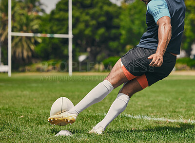 Buy stock photo Rugby, sports man or kickball in game, practice workout or training match on stadium field outdoors. Fitness body, score goals or athlete player action playing in cardio exercise on grass in France