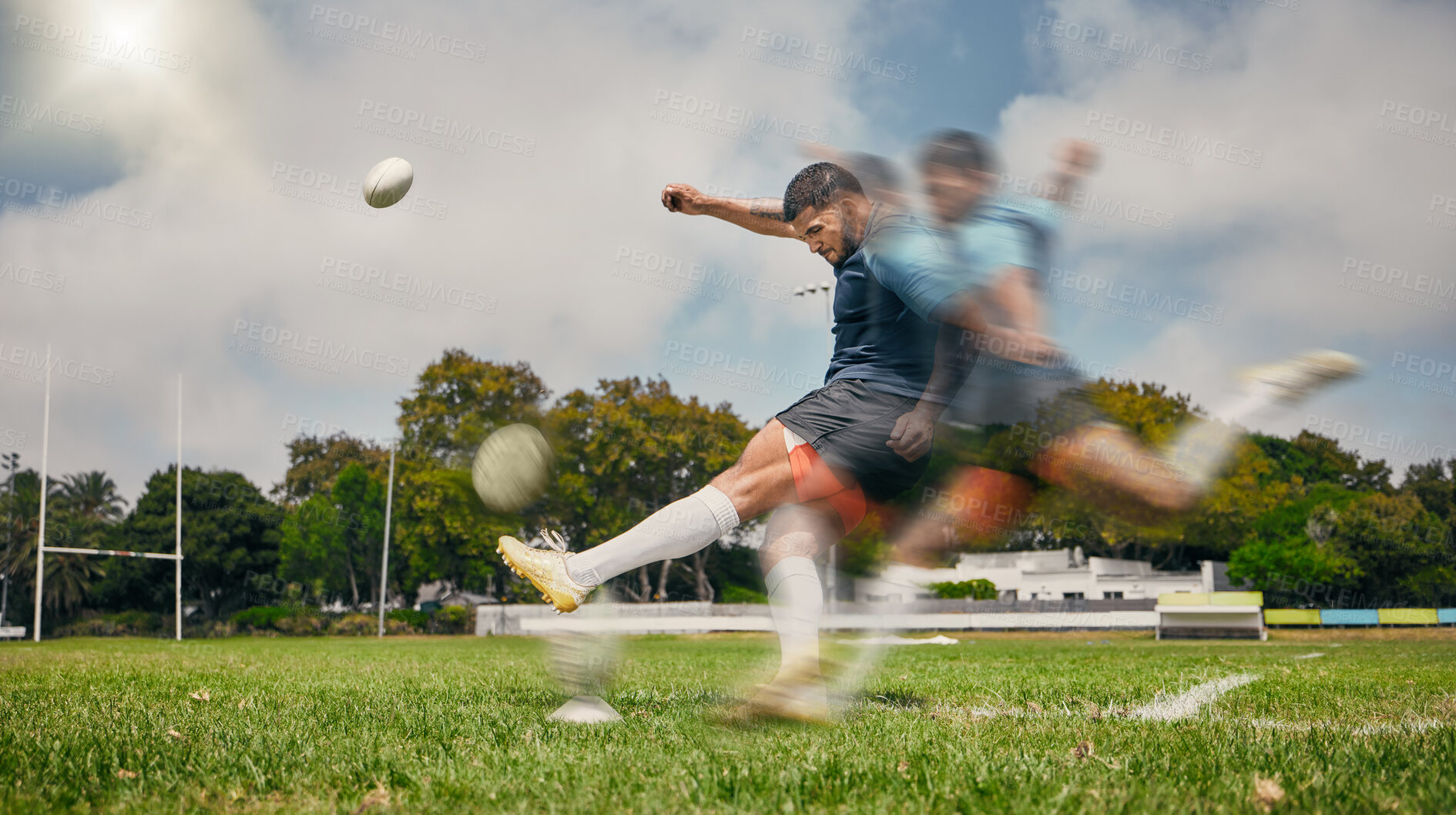 Buy stock photo Rugby, blur and man kicking ball to score goal on field at game, match or practice workout. Sports, fitness and motion, player running to kick at poles on grass with energy and skill in team sport.