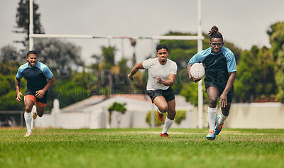 Buy stock photo Rugby, running or sports men in game playing a training game for cardio exercise or workout outdoors. Fitness speed, black man or fast African athlete player with ball exercising on field in stadium