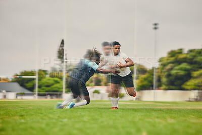Buy stock photo Rugby people running fast on field for competition, game or match strategy, energy and focus for team goals. Speed of sports men or athlete on pitch for gaming event outdoor in action or motion blur