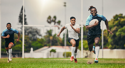 Rugby team or people running fast on field in competition, game or match strategy, energy and challenge for goals. Speed of sports men, athlete or friends on pitch for gaming event moving in action